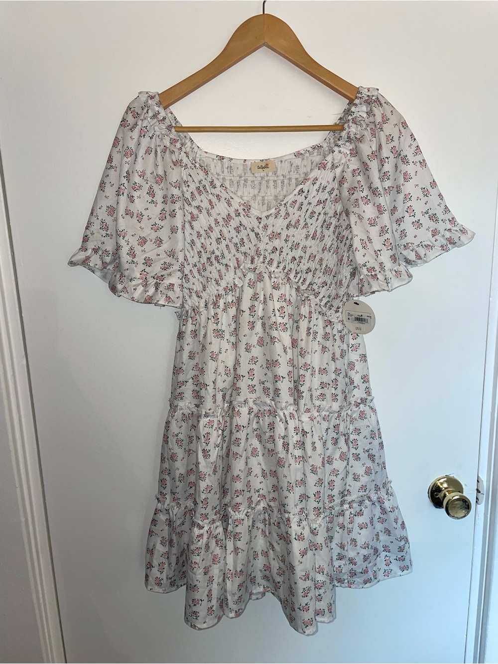 Floral Smocked Mini Dress - White with Pink Blossoms